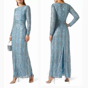 Mac Duggal 5981 Size 6 Blue High Neck Long Sleeve Fringe Column‎ Maxi Gown Dress